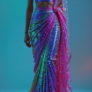 Model wearing a modern, figure-hugging saree gown made entirely of iridescent blue, green, and pink sequins, with a sheer hot pink tulle drape, set against a blue background.