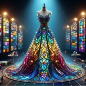Digital art of a ballgown made of intricate, brightly colored stained glass, displayed on a mannequin in a dark hall with arched stained glass windows.