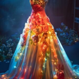 A glowing, multicolored evening gown decorated with large floral appliqués and illuminated with tiny embedded lights, displayed on a mannequin in a dimly lit room surrounded by flowers.