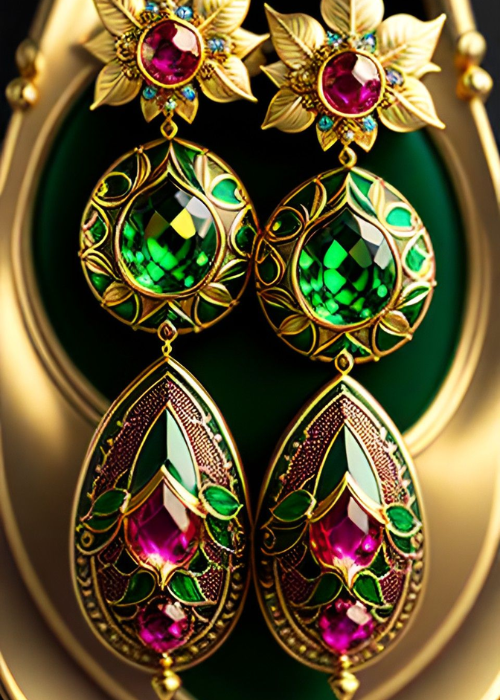 Close-up of a pair of elaborate gold dangle earrings set with large emerald green and ruby pink faceted gemstones and intricate enamel details.