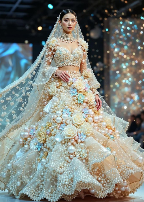 Fashion model wearing a long coat and crop top heavily embellished with colorful square jewels and pearls, paired with bright orange trousers, standing on a sunny balcony.