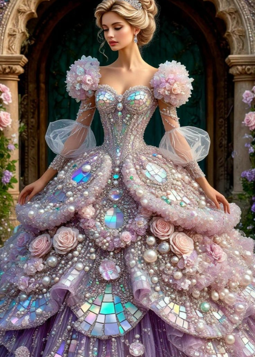 Digital art of a woman wearing a magnificent lavender ball gown embellished with iridescent mosaic tiles, large pearls, and pink floral details, standing at a grand garden entrance.