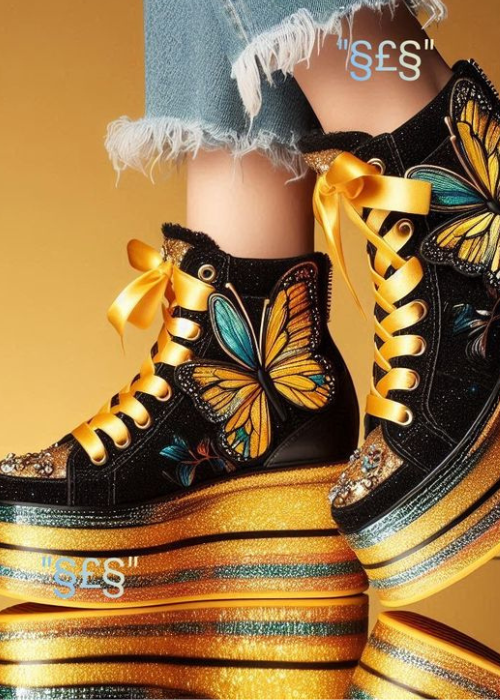 Close-up of black, glittery high-top platform sneakers with yellow butterfly embroidery and thick, striped gold platform soles.