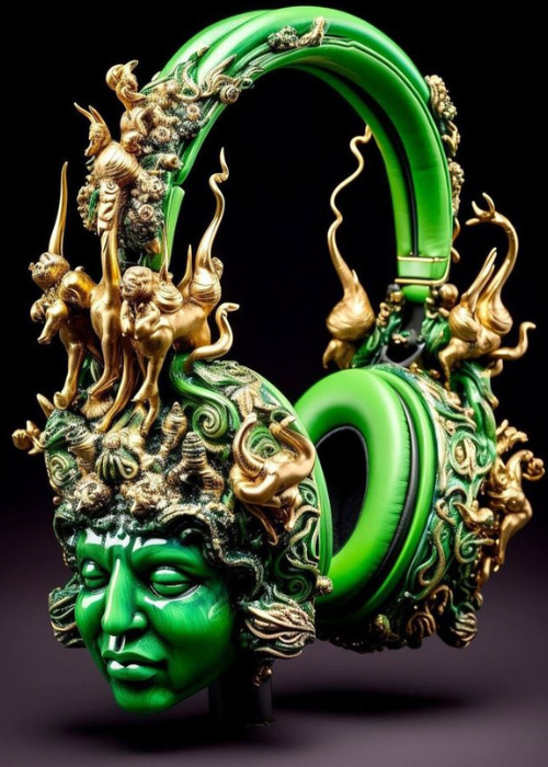 Digital art of headphones customized with a vibrant green sculptural deity face, intricate gold mythological figures, and baroque green and gold ornamentation.