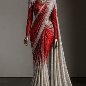 A bronze mannequin wearing a high-fashion, crystal-encrusted gown draped like a saree, transitioning from red at the top to glittering silver at the bottom.