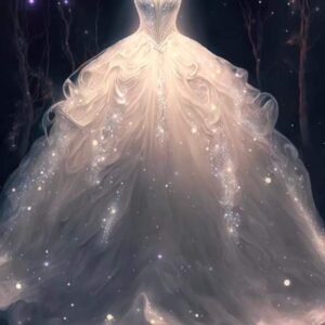 Digital illustration of a large, sparkling white and ethereal ballgown glowing in a dark, magical forest setting.