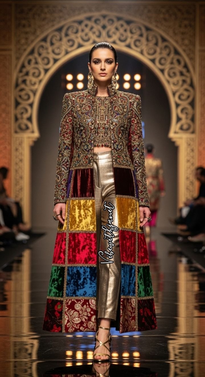 Model walking the runway in an ornate embroidered coat with a colorful velvet patchwork skirt and shiny metallic gold trousers.